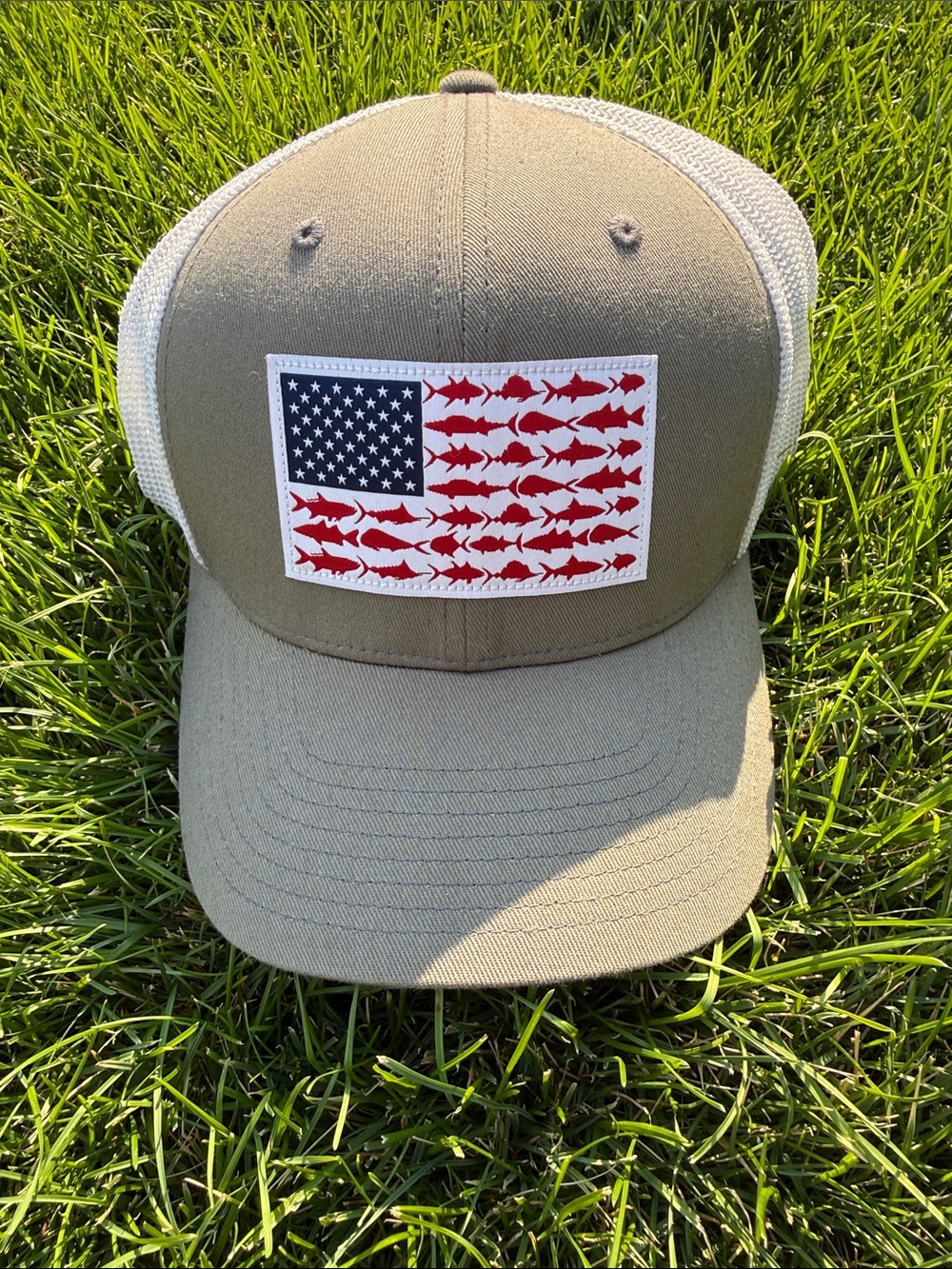 Khaki and White Fishing Flag Trucker Hat with Red Fish Patch